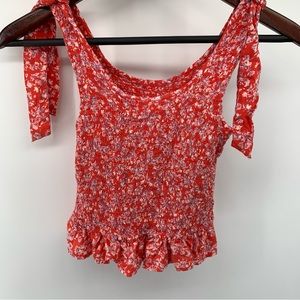 JAPNA DITZY FLORAL SCRUNCHED RUFFLE TIE SHOULDER TANK TOP